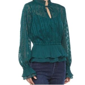 RYE GRASS GREEN PEPLUM TOP BLOUSE WITH RUFFLE SLEEVE LARGE